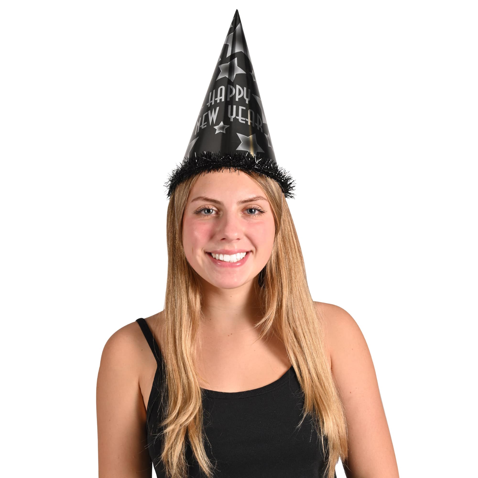 12" Black & Silver Happy New Year Cone Party Hats, 25ct.